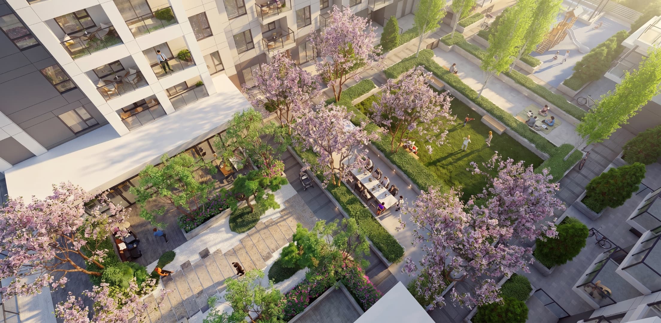 Aerial view of Kamilia central courtyard with cherry blossoms