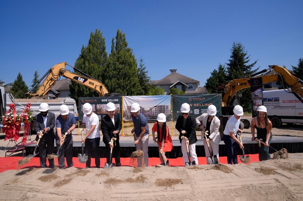 Kamilia groundbreaking ceremony — Langley City Mayor Nathan Pachal and partners turn the first shovels of soil